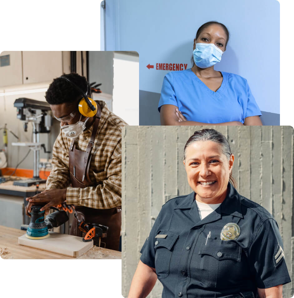 Images of a nurse, security operative, and construction worker